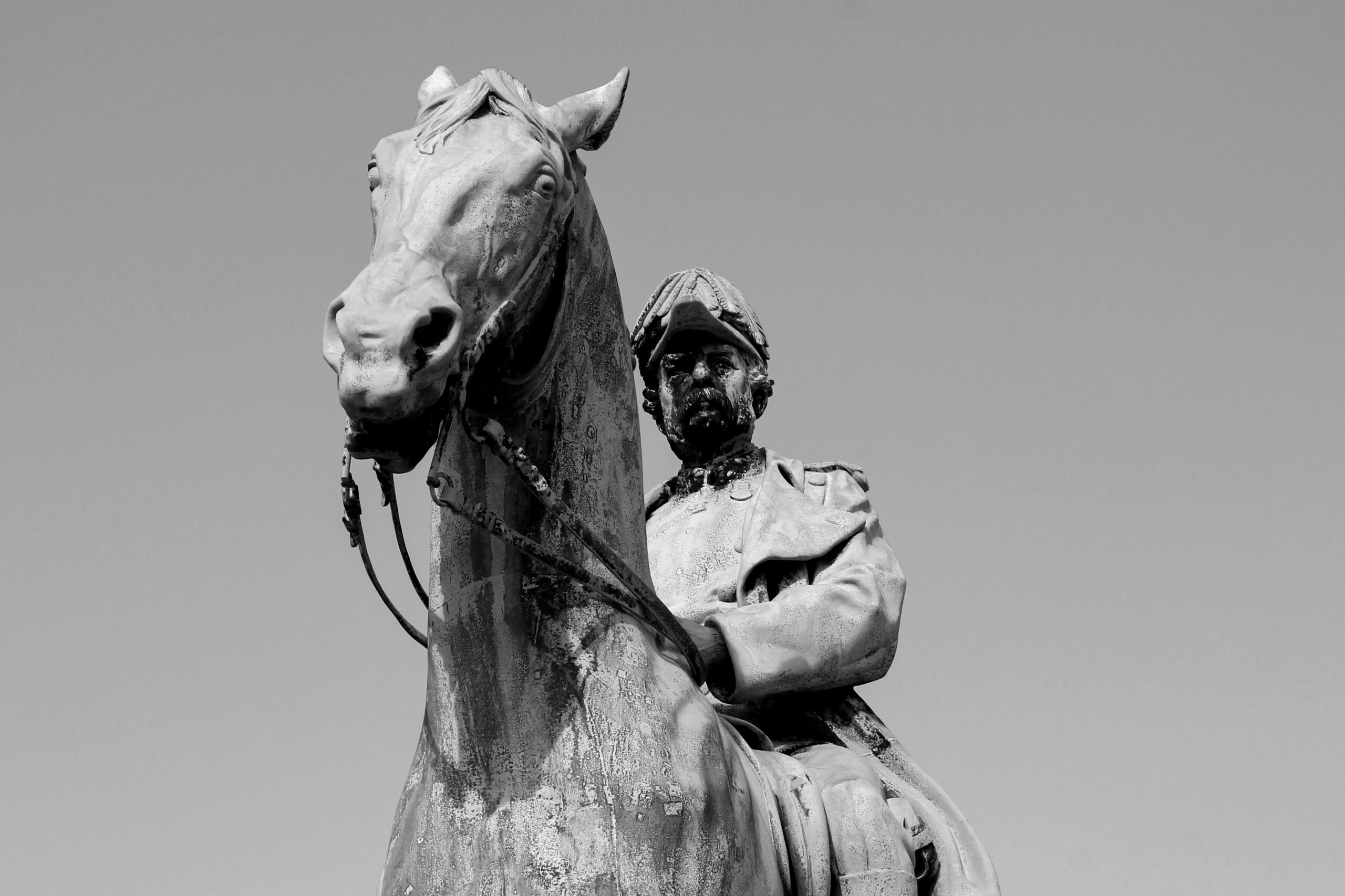 Black and white image of an equestrian statue in Copenhagen, Denmark.